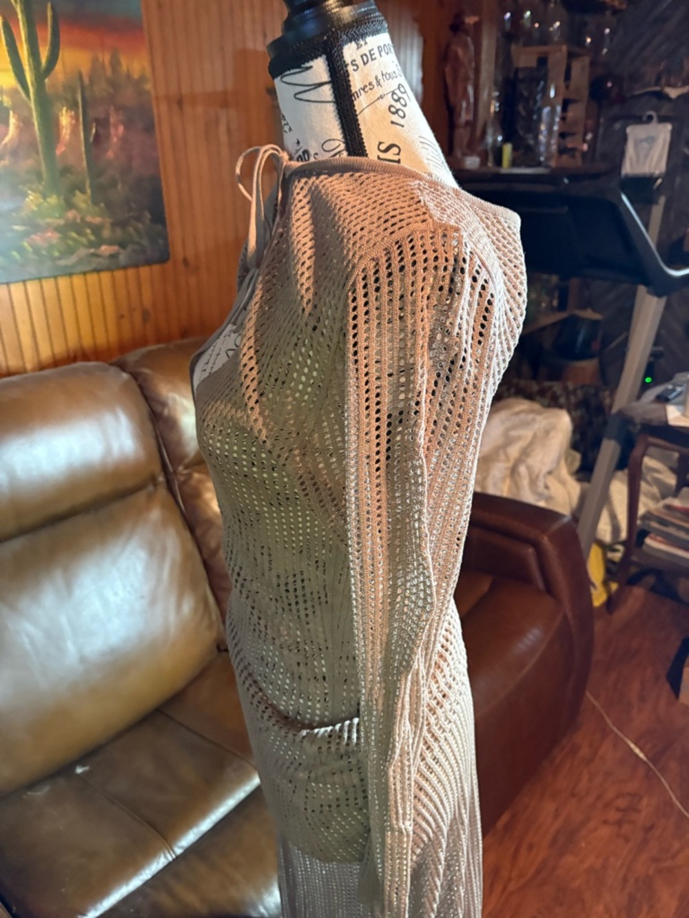 Lightweight Beige Open-Knit Long Cardigan